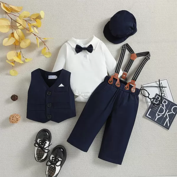 IDOPIP Baby Boy Gentleman Outfit Formal Tuxedo Suit Bowtie Romper Overalls with Vest Hat Birthday Wedding Party ClothesNavy Blue 5pcs