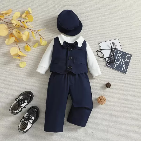 IDOPIP Baby Boy Gentleman Outfit Formal Tuxedo Suit Bowtie Romper Overalls with Vest Hat Birthday Wedding Party ClothesNavy Blue 5pcs