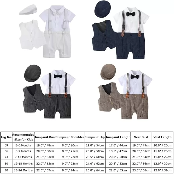 IDOPIP Baby Boy Gentleman Outfit Formal Tuxedo Suit Bowtie Romper Overalls with Vest Hat Birthday Wedding Party ClothesWhite  Short Sleeve