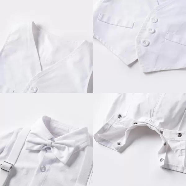 IDOPIP Baby Boy Gentleman Outfit Formal Tuxedo Suit Bowtie Romper Overalls with Vest Hat Birthday Wedding Party ClothesWhite  Short Sleeve