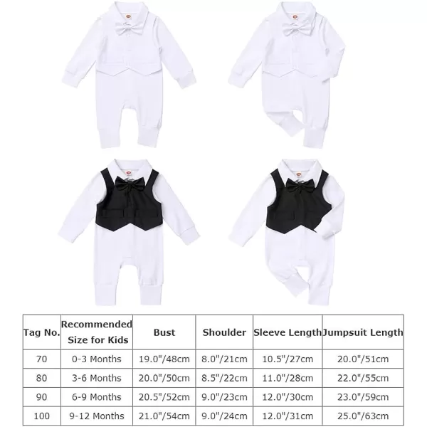 IDOPIP Baby Boy Gentleman White Shirt Waistcoat Bowtie Tuxedo Jumpsuit Overall Romper Birthday Outfit Formal Suit 018MBlack  Long Sleeve