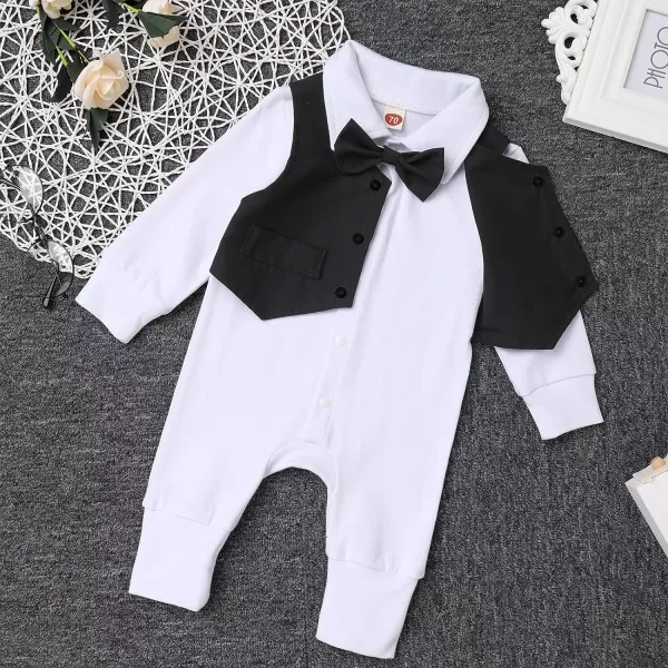 IDOPIP Baby Boy Gentleman White Shirt Waistcoat Bowtie Tuxedo Jumpsuit Overall Romper Birthday Outfit Formal Suit 018MBlack  Long Sleeve