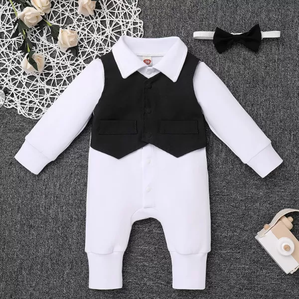 IDOPIP Baby Boy Gentleman White Shirt Waistcoat Bowtie Tuxedo Jumpsuit Overall Romper Birthday Outfit Formal Suit 018MBlack  Long Sleeve