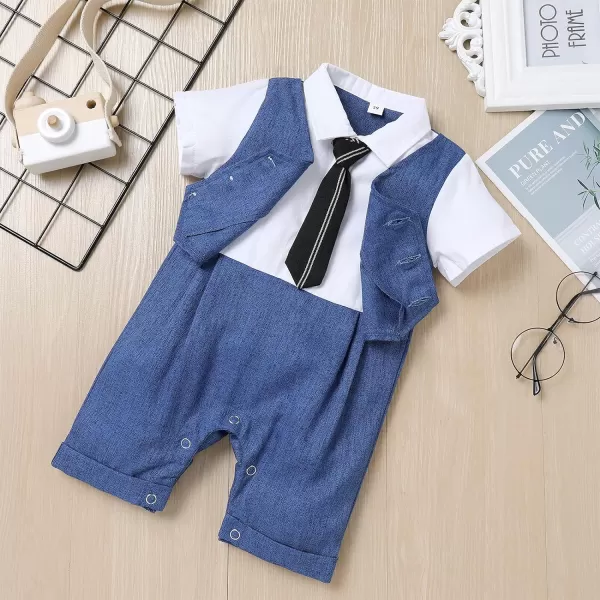 IDOPIP Baby Boy Gentleman White Shirt Waistcoat Bowtie Tuxedo Jumpsuit Overall Romper Birthday Outfit Formal Suit 018MDark Blue  Necktie