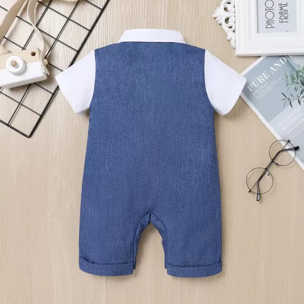 IDOPIP Baby Boy Gentleman White Shirt Waistcoat Bowtie Tuxedo Jumpsuit Overall Romper Birthday Outfit Formal Suit 018MDark Blue  Necktie