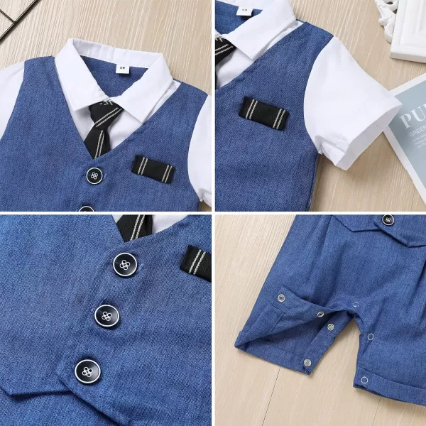 IDOPIP Baby Boy Gentleman White Shirt Waistcoat Bowtie Tuxedo Jumpsuit Overall Romper Birthday Outfit Formal Suit 018MDark Blue  Necktie