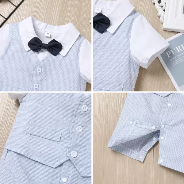 IDOPIP Baby Boy Gentleman White Shirt Waistcoat Bowtie Tuxedo Jumpsuit Overall Romper Birthday Outfit Formal Suit 018MLight Blue  Plaid