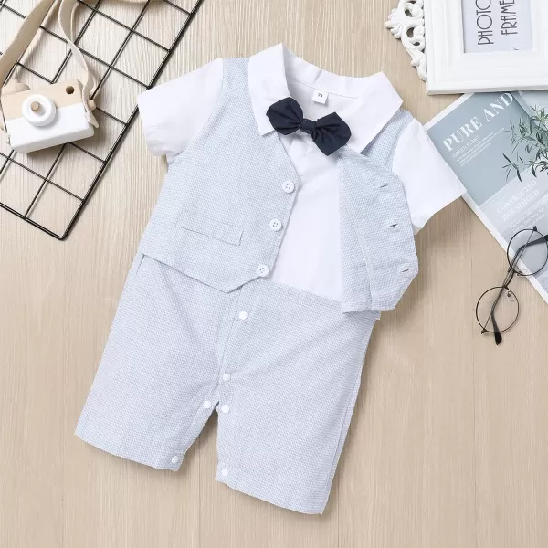 IDOPIP Baby Boy Gentleman White Shirt Waistcoat Bowtie Tuxedo Jumpsuit Overall Romper Birthday Outfit Formal Suit 018MLight Blue  Plaid