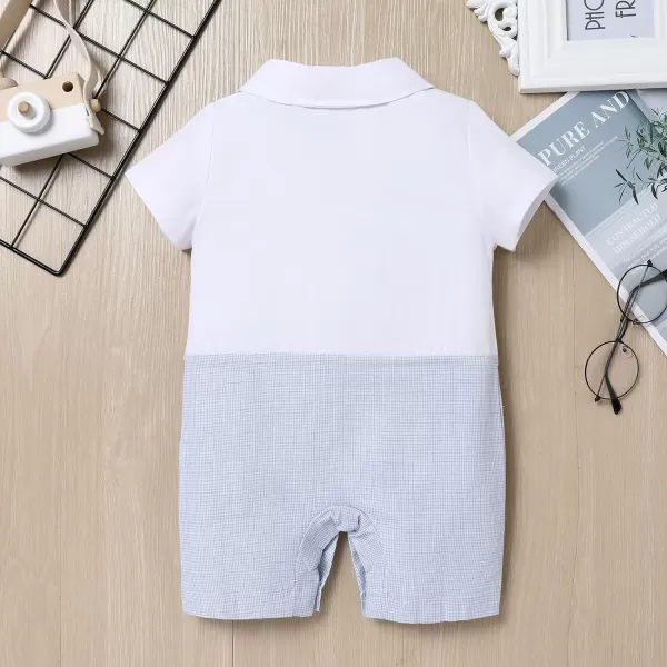 IDOPIP Baby Boy Gentleman White Shirt Waistcoat Bowtie Tuxedo Jumpsuit Overall Romper Birthday Outfit Formal Suit 018MLight Blue  Plaid