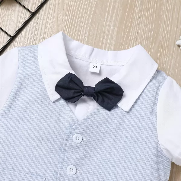 IDOPIP Baby Boy Gentleman White Shirt Waistcoat Bowtie Tuxedo Jumpsuit Overall Romper Birthday Outfit Formal Suit 018MLight Blue  Plaid