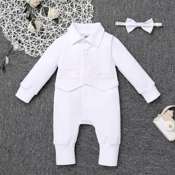 IDOPIP Baby Boy Gentleman White Shirt Waistcoat Bowtie Tuxedo Jumpsuit Overall Romper Birthday Outfit Formal Suit 018MWhite  Long Sleeve