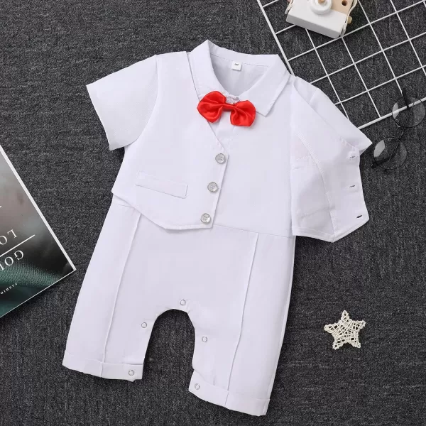 IDOPIP Baby Boy Gentleman White Shirt Waistcoat Bowtie Tuxedo Jumpsuit Overall Romper Birthday Outfit Formal Suit 018MWhite  Red