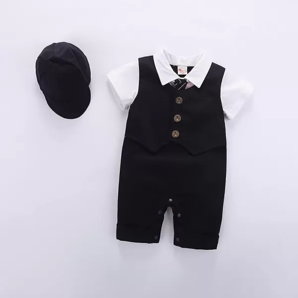 IDOPIP Baby Boy OnePiece Romper Short Sleeve Jumpsuit Gentleman White Shirt Bowtie Tuxedo Birthday Outfit Formal Suit  HatBlack  Hat