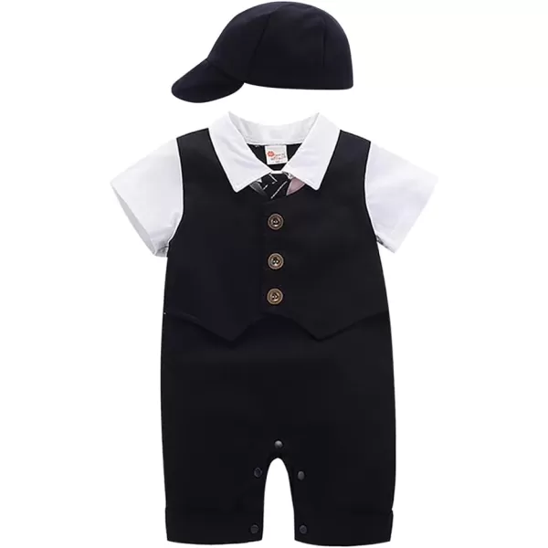 IDOPIP Baby Boy OnePiece Romper Short Sleeve Jumpsuit Gentleman White Shirt Bowtie Tuxedo Birthday Outfit Formal Suit  HatBlack  Hat