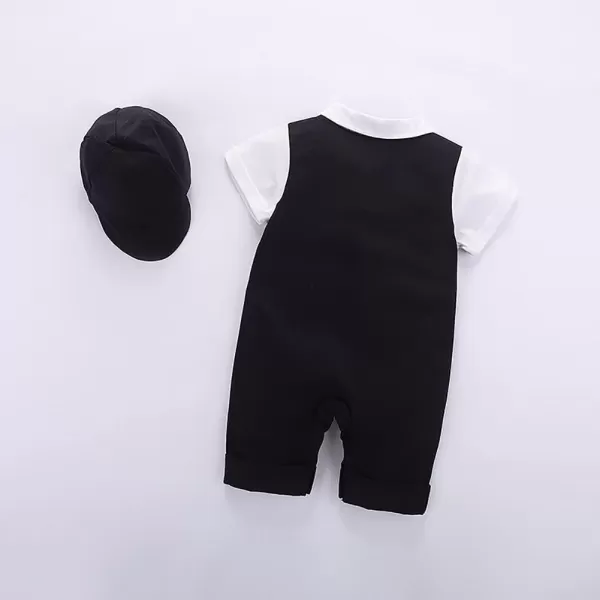 IDOPIP Baby Boy OnePiece Romper Short Sleeve Jumpsuit Gentleman White Shirt Bowtie Tuxedo Birthday Outfit Formal Suit  HatBlack  Hat