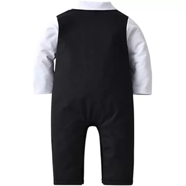 IDOPIP Baby Boy OnePiece Romper Short Sleeve Jumpsuit Gentleman White Shirt Bowtie Tuxedo Birthday Outfit Formal Suit  HatBlack  Hat Long Sleeve