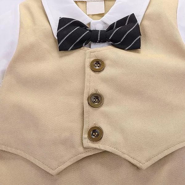 IDOPIP Baby Boy OnePiece Romper Short Sleeve Jumpsuit Gentleman White Shirt Bowtie Tuxedo Birthday Outfit Formal Suit  HatKhaki  Hat