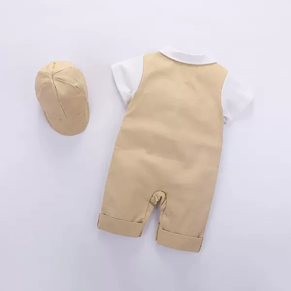 IDOPIP Baby Boy OnePiece Romper Short Sleeve Jumpsuit Gentleman White Shirt Bowtie Tuxedo Birthday Outfit Formal Suit  HatKhaki  Hat