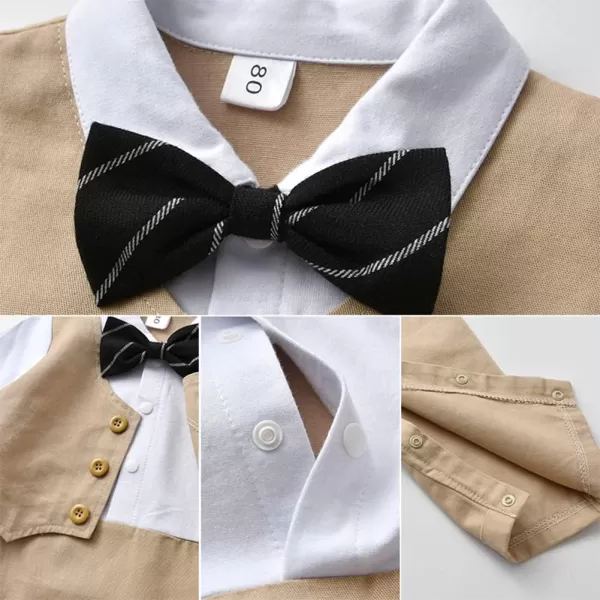 IDOPIP Baby Boy OnePiece Romper Short Sleeve Jumpsuit Gentleman White Shirt Bowtie Tuxedo Birthday Outfit Formal Suit  HatKhaki  Hat Long Sleeve