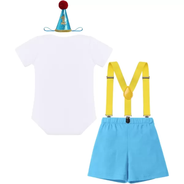 IDOPIP Baby Boys 1st 2nd Birthday Cake Smash Outfit Bowtie Romper Suspenders Shorts Pants Headband Clothes Set for Photo PropBlue  Hat