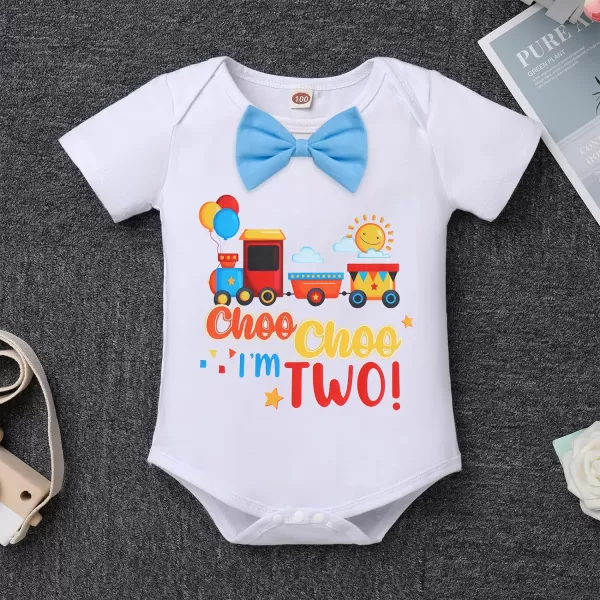 IDOPIP Baby Boys 1st 2nd Birthday Cake Smash Outfit Bowtie Romper Suspenders Shorts Pants Headband Clothes Set for Photo PropBlue Train Two