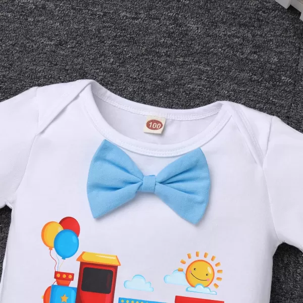 IDOPIP Baby Boys 1st 2nd Birthday Cake Smash Outfit Bowtie Romper Suspenders Shorts Pants Headband Clothes Set for Photo PropBlue Train Two