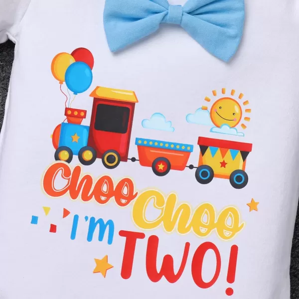 IDOPIP Baby Boys 1st 2nd Birthday Cake Smash Outfit Bowtie Romper Suspenders Shorts Pants Headband Clothes Set for Photo PropBlue Train Two