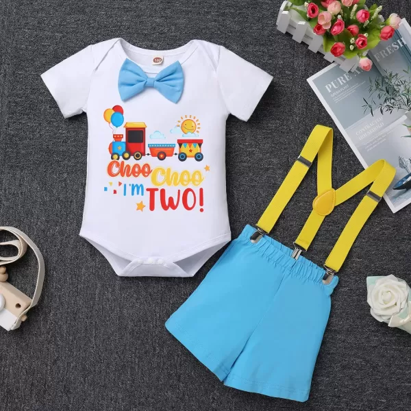 IDOPIP Baby Boys 1st 2nd Birthday Cake Smash Outfit Bowtie Romper Suspenders Shorts Pants Headband Clothes Set for Photo PropBlue Train Two