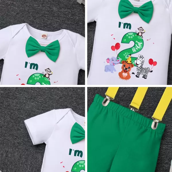 IDOPIP Baby Boys 1st 2nd Birthday Cake Smash Outfit Bowtie Romper Suspenders Shorts Pants Headband Clothes Set for Photo PropGreen Animals  Im 2