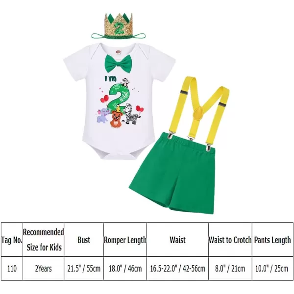 IDOPIP Baby Boys 1st 2nd Birthday Cake Smash Outfit Bowtie Romper Suspenders Shorts Pants Headband Clothes Set for Photo PropGreen Animals  Im 2