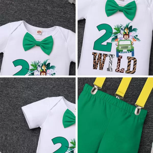 IDOPIP Baby Boys 1st 2nd Birthday Cake Smash Outfit Bowtie Romper Suspenders Shorts Pants Headband Clothes Set for Photo PropGreen Wild 2