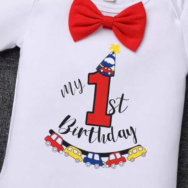 IDOPIP Baby Boys 1st 2nd Birthday Cake Smash Outfit Bowtie Romper Suspenders Shorts Pants Headband Clothes Set for Photo PropRed  Hat