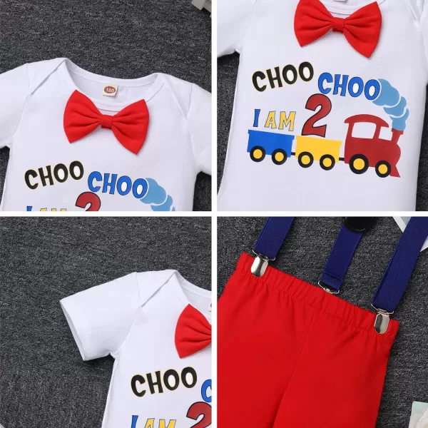 IDOPIP Baby Boys 1st 2nd Birthday Cake Smash Outfit Bowtie Romper Suspenders Shorts Pants Headband Clothes Set for Photo PropRed Train  I Am Two