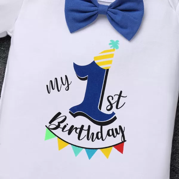 IDOPIP Baby Boys 1st 2nd Birthday Cake Smash Outfit Bowtie Romper Suspenders Shorts Pants Headband Clothes Set for Photo PropRoyal Blue  Hat