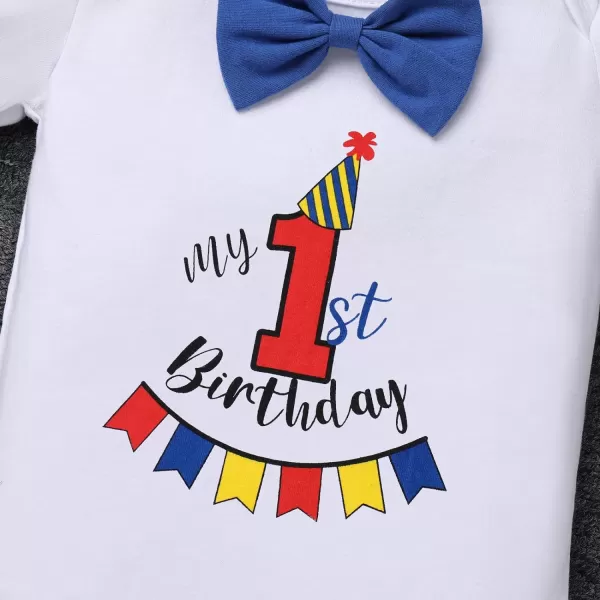 IDOPIP Baby Boys 1st 2nd Birthday Cake Smash Outfit Bowtie Romper Suspenders Shorts Pants Headband Clothes Set for Photo PropRoyal Blue  Red  Hat