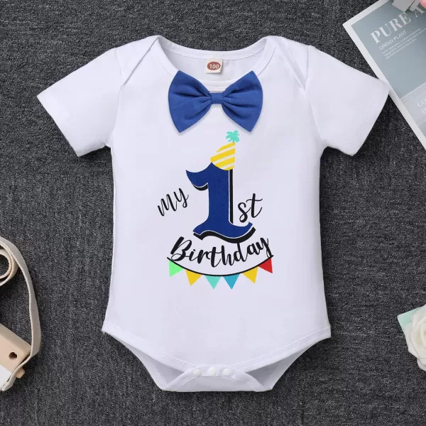 IDOPIP Baby Boys 1st 2nd Birthday Cake Smash Outfit Bowtie Romper Suspenders Shorts Pants Headband Clothes Set for Photo PropRoyal Blue