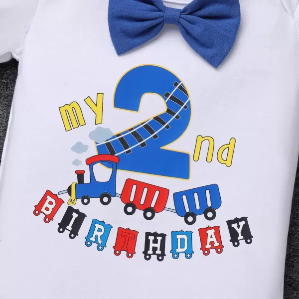 IDOPIP Baby Boys 1st 2nd Birthday Cake Smash Outfit Bowtie Romper Suspenders Shorts Pants Headband Clothes Set for Photo PropRoyal Blue Train  2nd Birthday