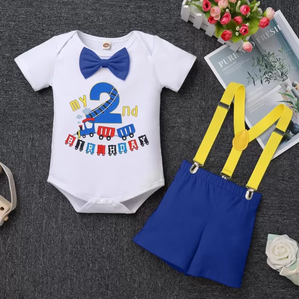 IDOPIP Baby Boys 1st 2nd Birthday Cake Smash Outfit Bowtie Romper Suspenders Shorts Pants Headband Clothes Set for Photo PropRoyal Blue Train  2nd Birthday