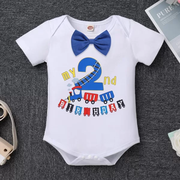 IDOPIP Baby Boys 1st 2nd Birthday Cake Smash Outfit Bowtie Romper Suspenders Shorts Pants Headband Clothes Set for Photo PropRoyal Blue Train  2nd Birthday