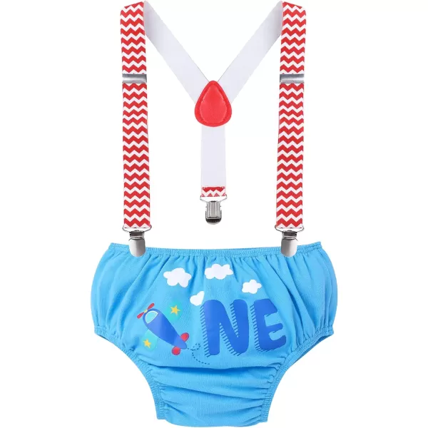 IDOPIP Baby Boys 1st Birthday Cake Smash Outfit Bowtie Romper Suspenders Shorts Pants Set with Lion Headband 4PCS Photo PropsBlue Airplane