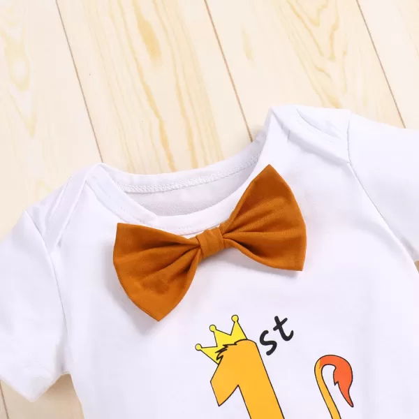 IDOPIP Baby Boys 1st Birthday Cake Smash Outfit Bowtie Romper Suspenders Shorts Pants Set with Lion Headband 4PCS Photo PropsBrown 1st Birthday