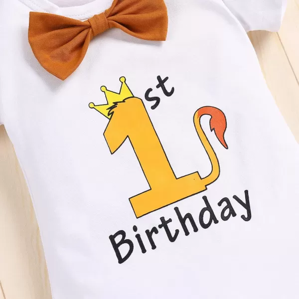 IDOPIP Baby Boys 1st Birthday Cake Smash Outfit Bowtie Romper Suspenders Shorts Pants Set with Lion Headband 4PCS Photo PropsBrown 1st Birthday
