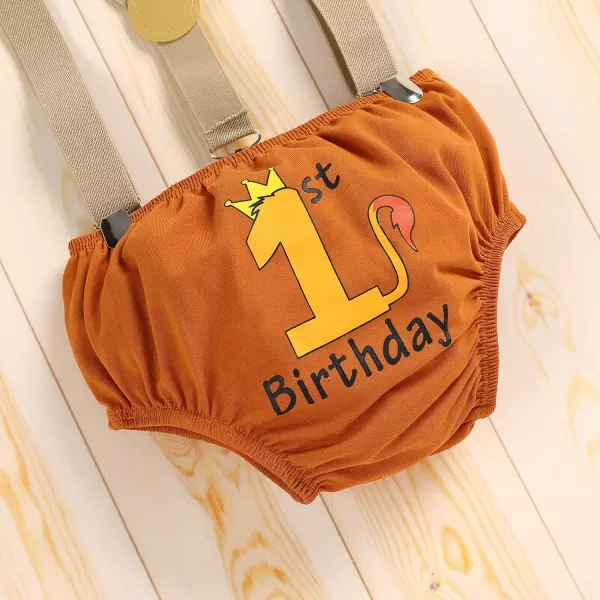 IDOPIP Baby Boys 1st Birthday Cake Smash Outfit Bowtie Romper Suspenders Shorts Pants Set with Lion Headband 4PCS Photo PropsBrown 1st Birthday