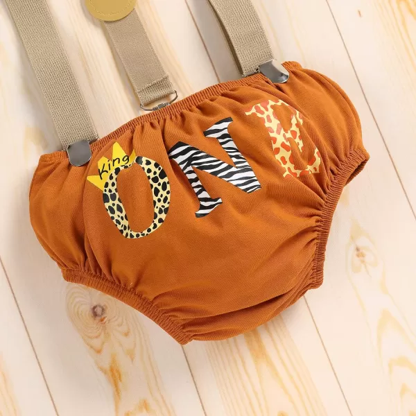 IDOPIP Baby Boys 1st Birthday Cake Smash Outfit Bowtie Romper Suspenders Shorts Pants Set with Lion Headband 4PCS Photo PropsBrown One