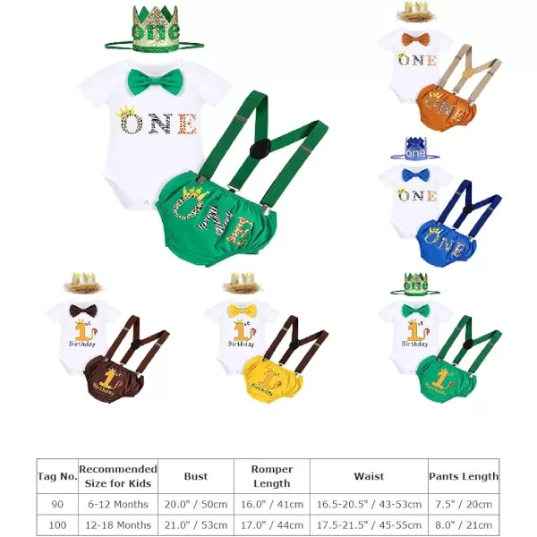 IDOPIP Baby Boys 1st Birthday Cake Smash Outfit Bowtie Romper Suspenders Shorts Pants Set with Lion Headband 4PCS Photo PropsBrown One