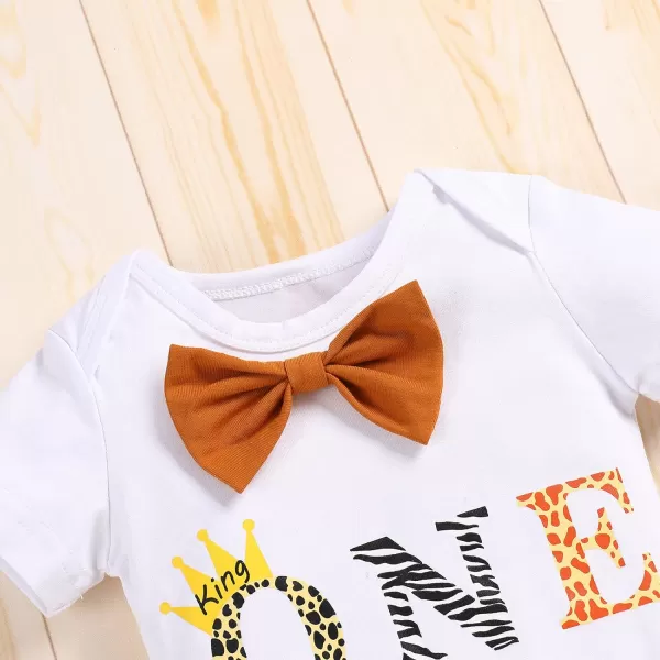IDOPIP Baby Boys 1st Birthday Cake Smash Outfit Bowtie Romper Suspenders Shorts Pants Set with Lion Headband 4PCS Photo PropsBrown One