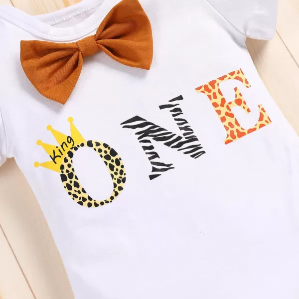 IDOPIP Baby Boys 1st Birthday Cake Smash Outfit Bowtie Romper Suspenders Shorts Pants Set with Lion Headband 4PCS Photo PropsBrown One