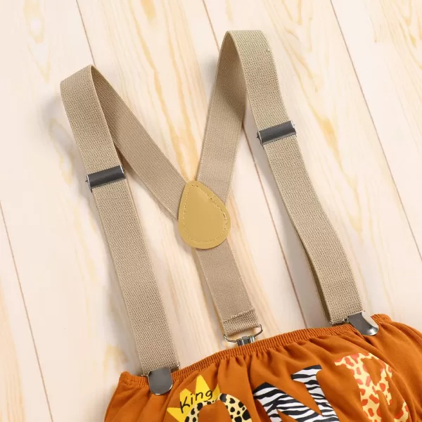 IDOPIP Baby Boys 1st Birthday Cake Smash Outfit Bowtie Romper Suspenders Shorts Pants Set with Lion Headband 4PCS Photo PropsBrown One