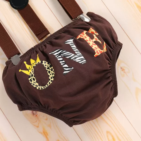 IDOPIP Baby Boys 1st Birthday Cake Smash Outfit Bowtie Romper Suspenders Shorts Pants Set with Lion Headband 4PCS Photo PropsCoffee One