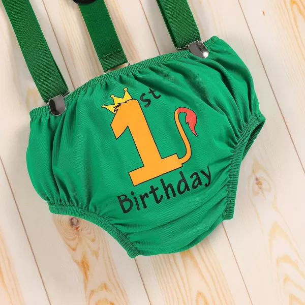 IDOPIP Baby Boys 1st Birthday Cake Smash Outfit Bowtie Romper Suspenders Shorts Pants Set with Lion Headband 4PCS Photo PropsGreen 1st Birthday